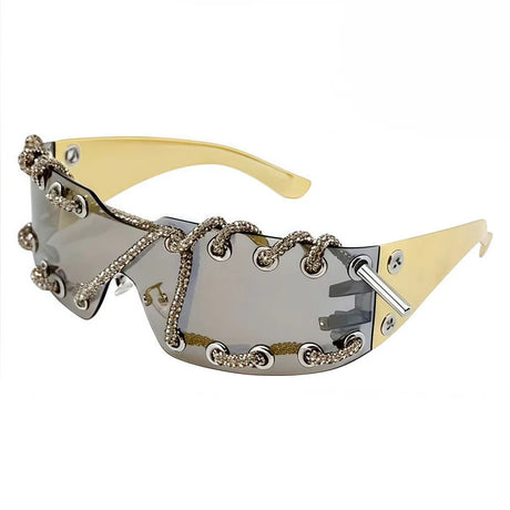 Beige Rhinestone Chain Punk Retro Cool Trendy Sunglasses