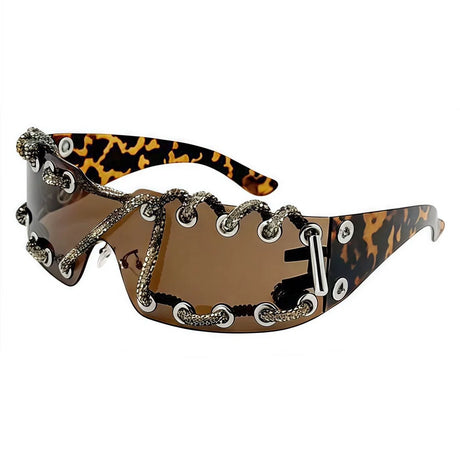 Leopard Rhinestone Chain Punk Retro Cool Trendy Sunglasses