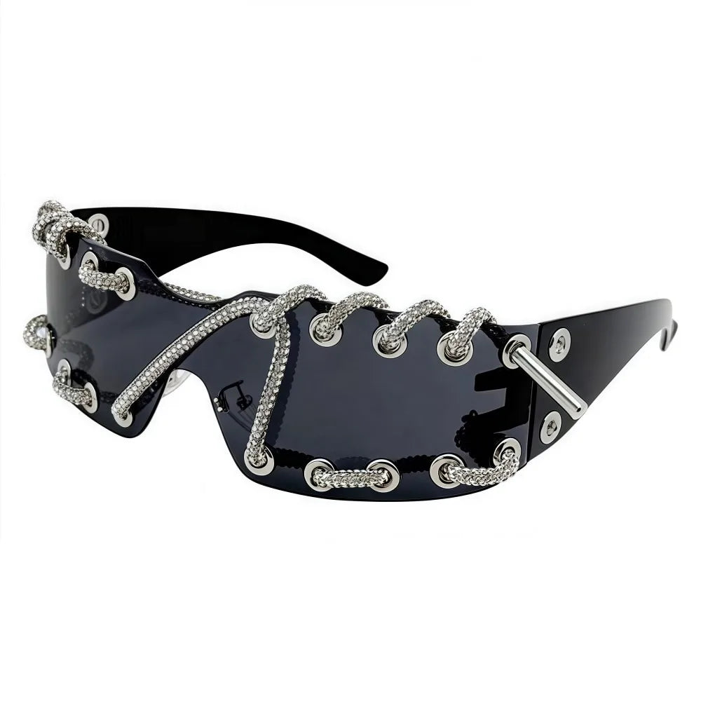 Black Rhinestone Chain Punk Retro Cool Trendy Sunglasses