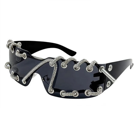 Black Rhinestone Chain Punk Retro Cool Trendy Sunglasses