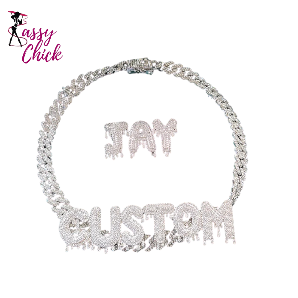 Rhinestone Cuban Chain Necklace Drip Letter Hip Hop Jewelry Sassy Chick Logo
