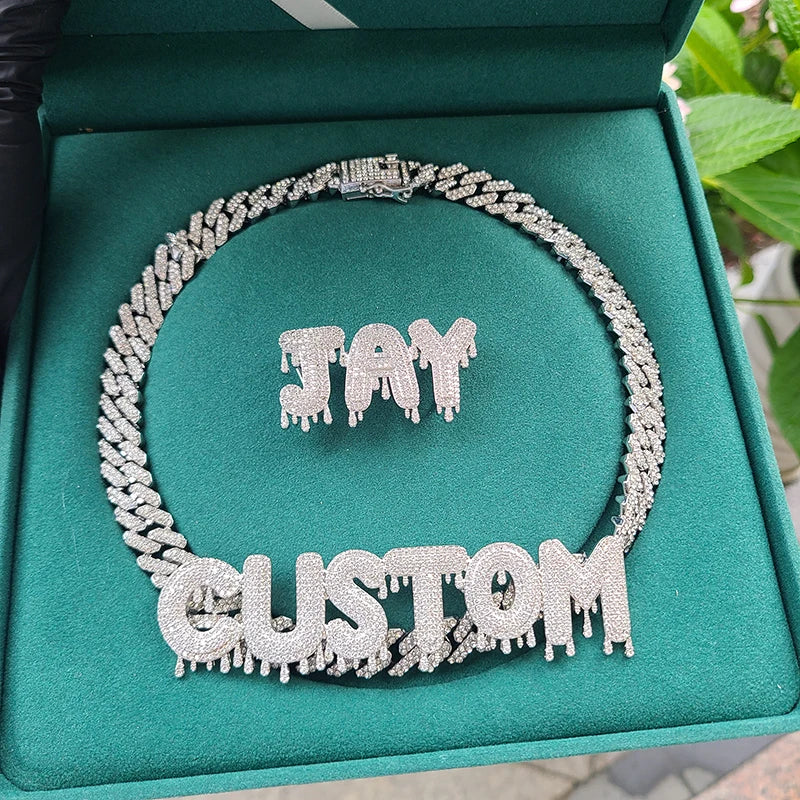 Rhinestone Cuban Chain Necklace Drip Letter Hip Hop Jewelry