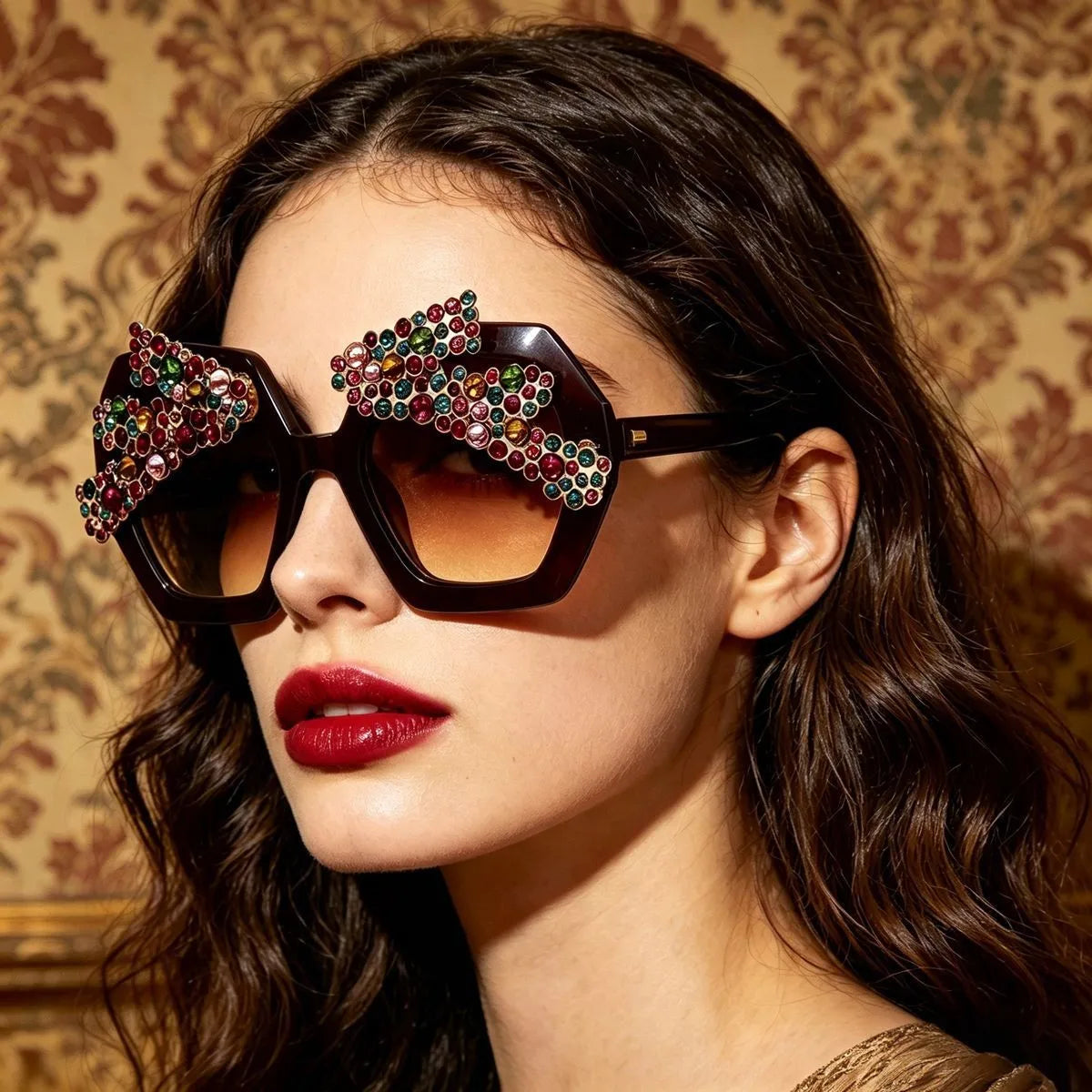 Model Using Rhinestone Pearl Hexagon Baroque Sunglasses