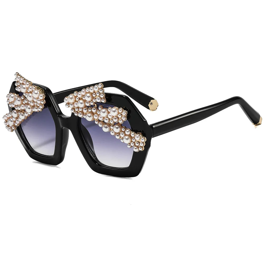 Black Rhinestone Pearl Hexagon Baroque Sunglasses