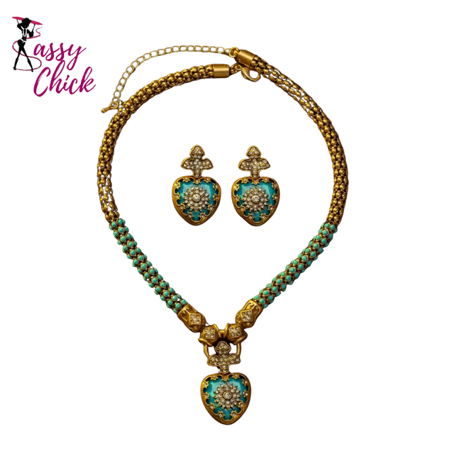 Rhinestone Vintage Inlaid Flower Blue Heart-Shaped Jewelry Set Sassy Chick Logo
