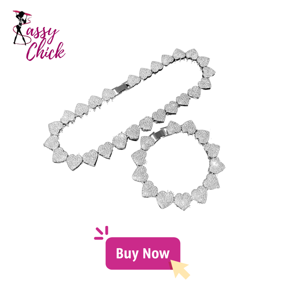 Rhinestones Bling Heart-Shaped Cuban Necklace Set