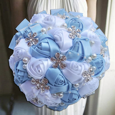 Blue Rhinestones Ivory Ribbon Brooch Bridal Bouquets