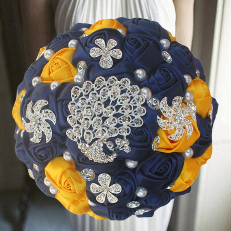 Blue Yellow Rhinestones Ivory Ribbon Brooch Bridal Bouquets