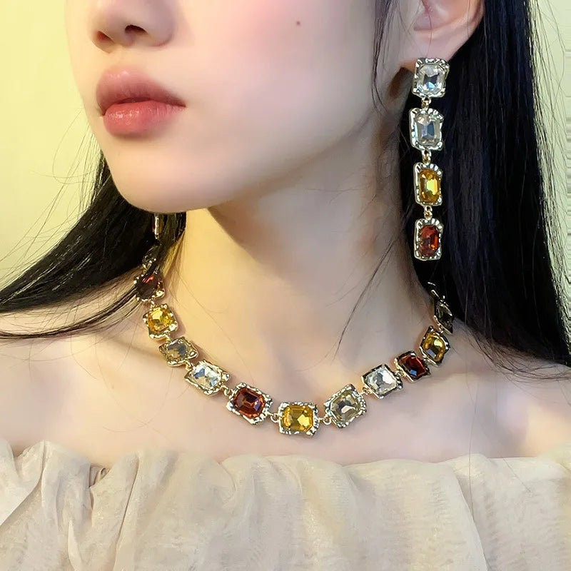model using Rhinestones Necklace  Vintage Square