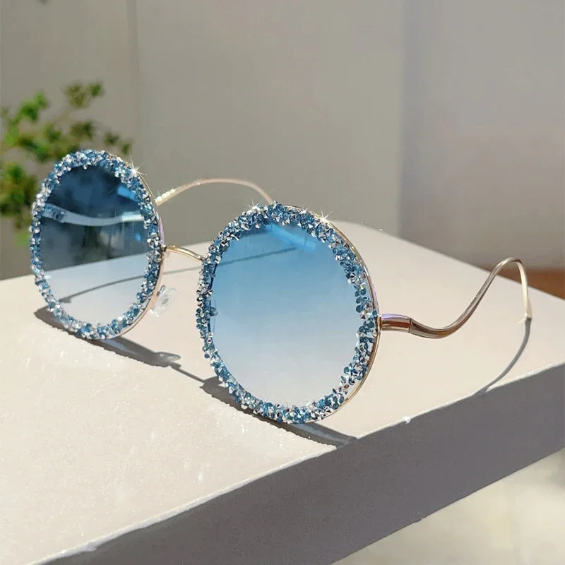 Blue Rhinestones Round Oversized Gradient Decor Sunglasses