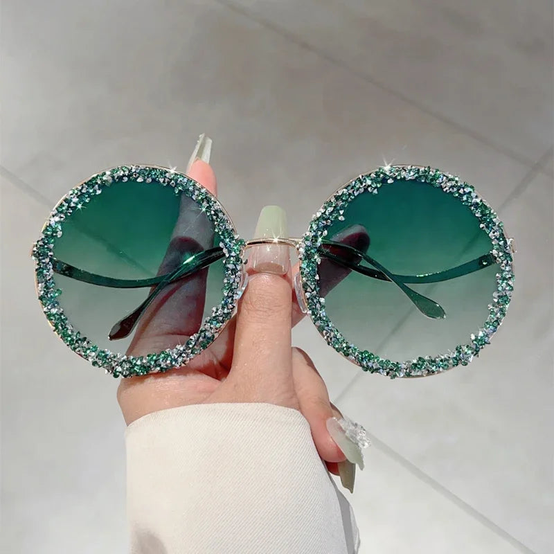 Green Rhinestones Round Oversized Gradient Decor Sunglasses