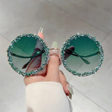 Green Rhinestones Round Oversized Gradient Decor Sunglasses