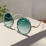 Green Rhinestones Round Oversized Gradient Decor Sunglasses