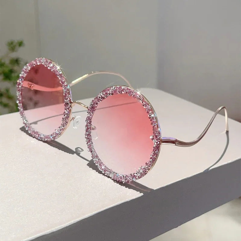 Pink Rhinestones Round Oversized Gradient Decor Sunglasses