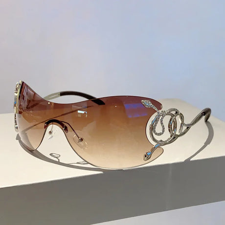Brown Rimless One-piece Snake Fashion Women Sunglasses