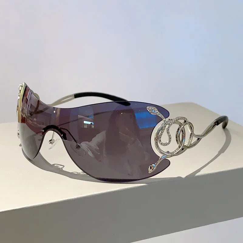 Black Rimless One-piece Snake Fashion Women Sunglasses