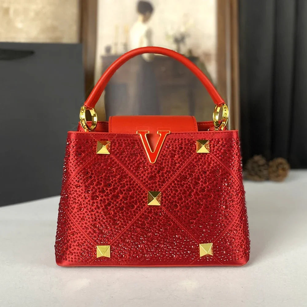Red Rivet Water Diamond Style Handbag