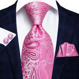 Rose Pink Paisley Silk Hanky Cufflink Wedding Tie