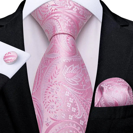 Rose Pink Paisley Silk Hanky Cufflink Wedding Tie