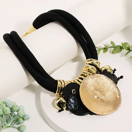 Black Round Pendant Statement Beaded Necklace