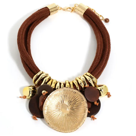 Brown Round Pendant Statement Beaded Necklace