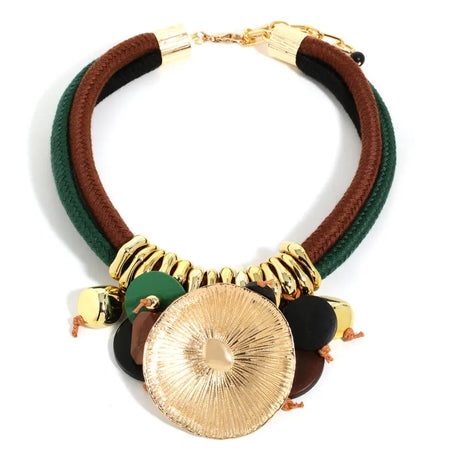 Brown Green Round Pendant Statement Beaded Necklace