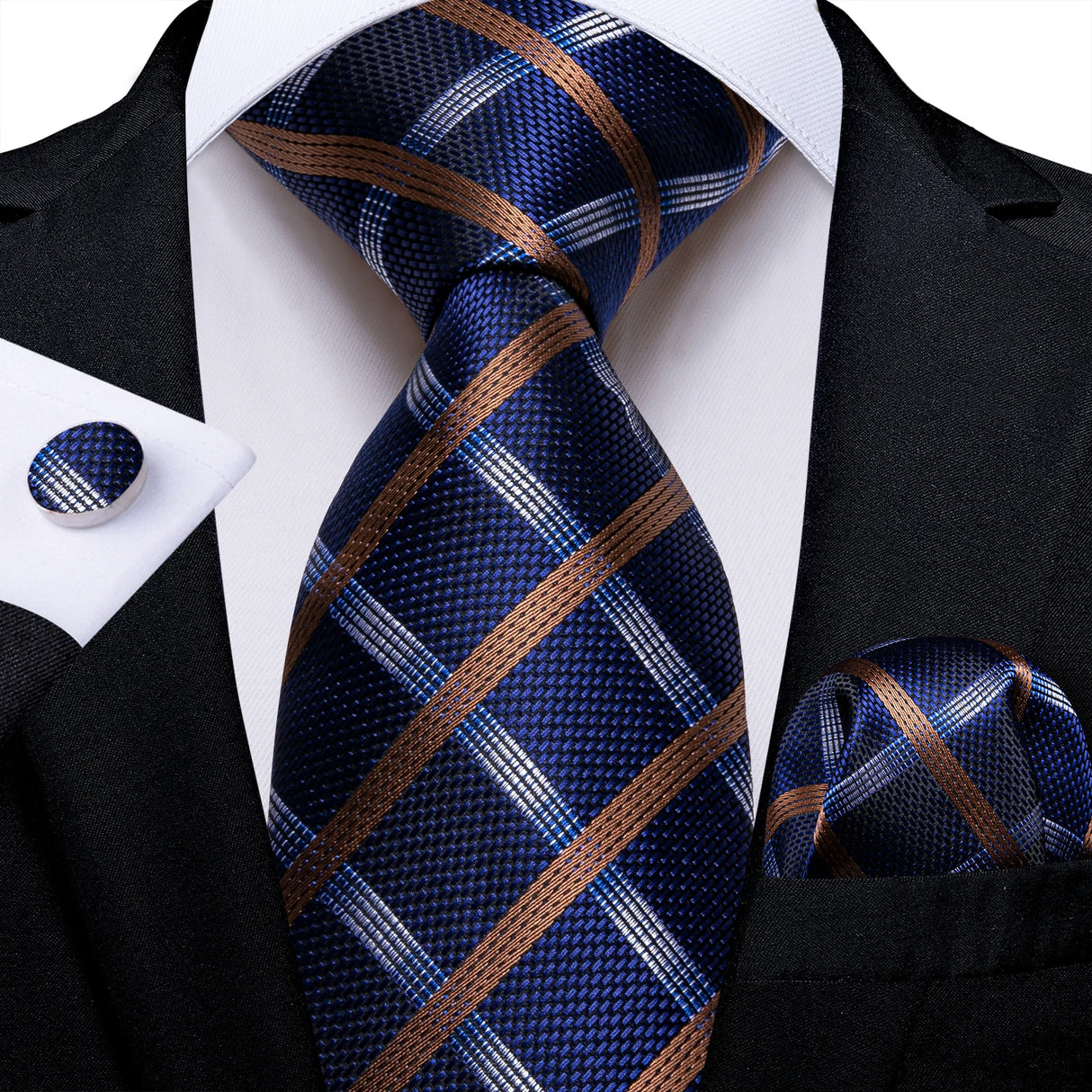 brown blue white square pattern necktie set