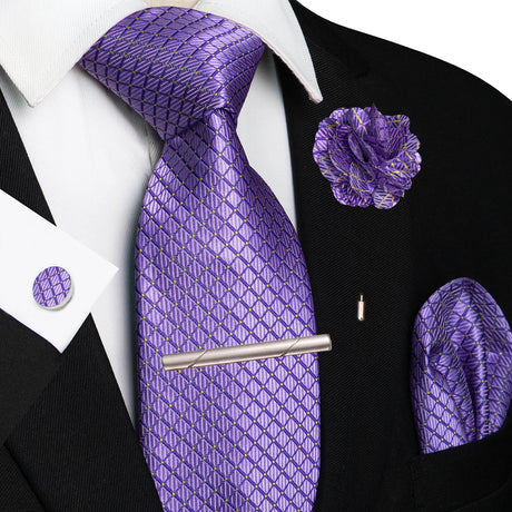 Purple 8cm Silk Tie Pin Pocket Square Cufflinks Tie