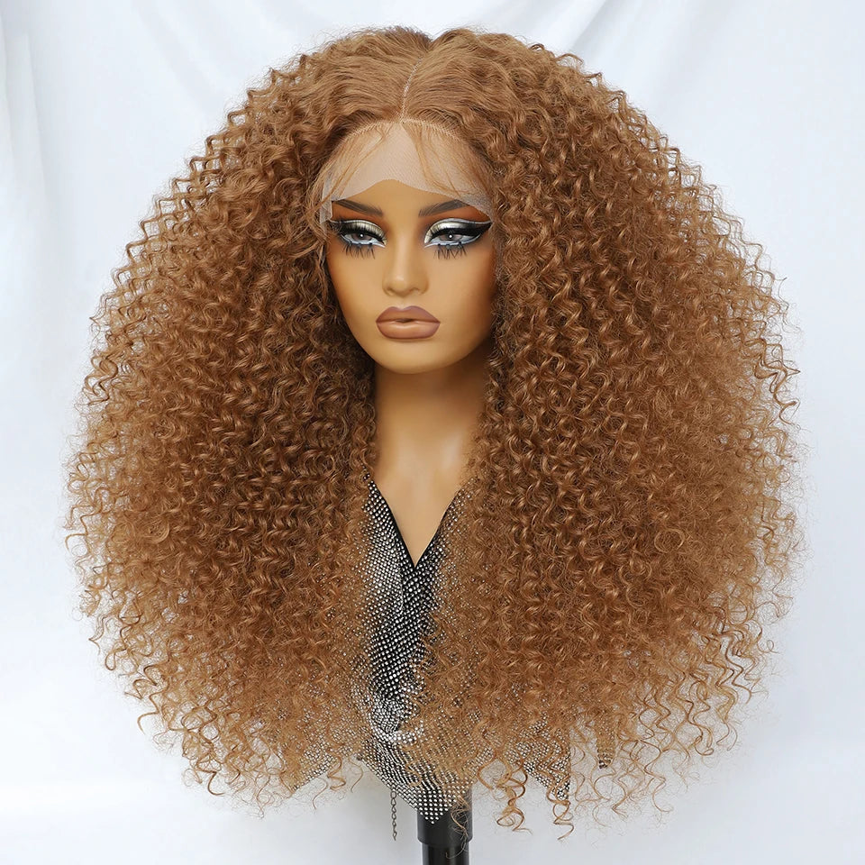 Brown 24 Inch Jerry Curl Synthetic Lace Kinky Curly Wigs