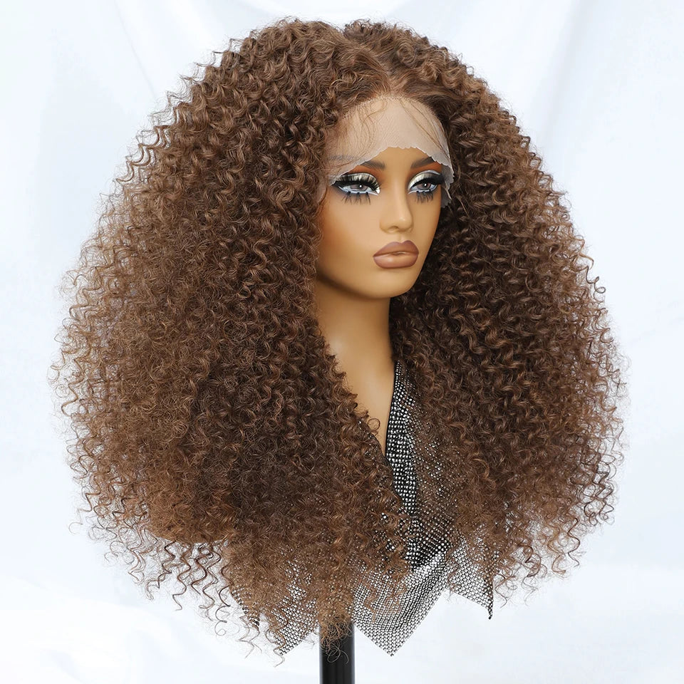 Light Brown 24 Inch Jerry Curl Synthetic Lace Kinky Curly Wigs