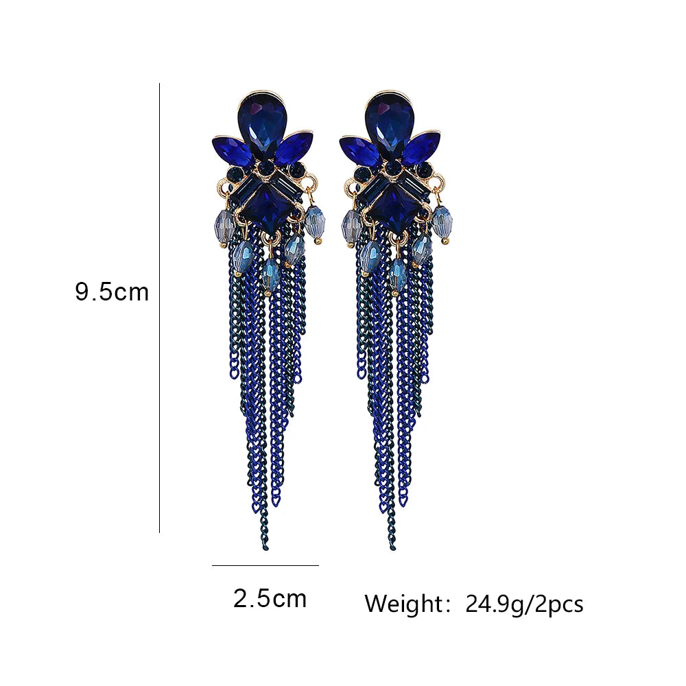 Blue Crystal Long Tassel Earrings