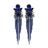 Blue Crystal Long Tassel Earrings