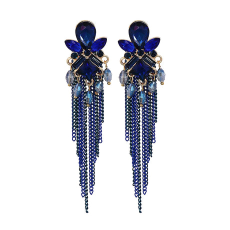 Blue Crystal Long Tassel Earrings