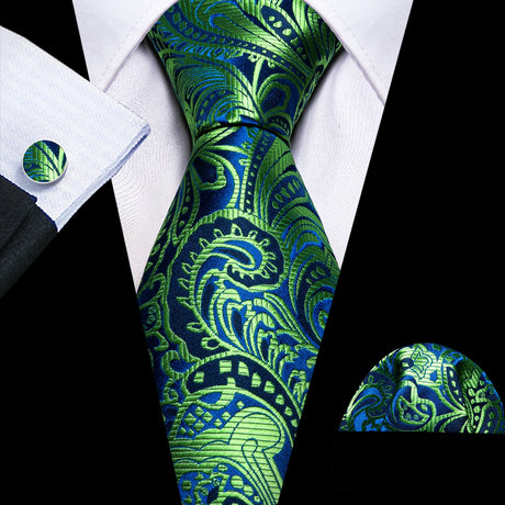 Solid Paisley Green Teal Blue Striped Silk Men Tie