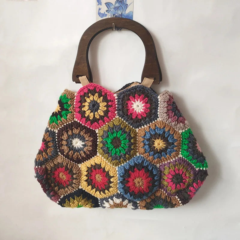 Bohemian Vintage Wooden Knitted Handbag