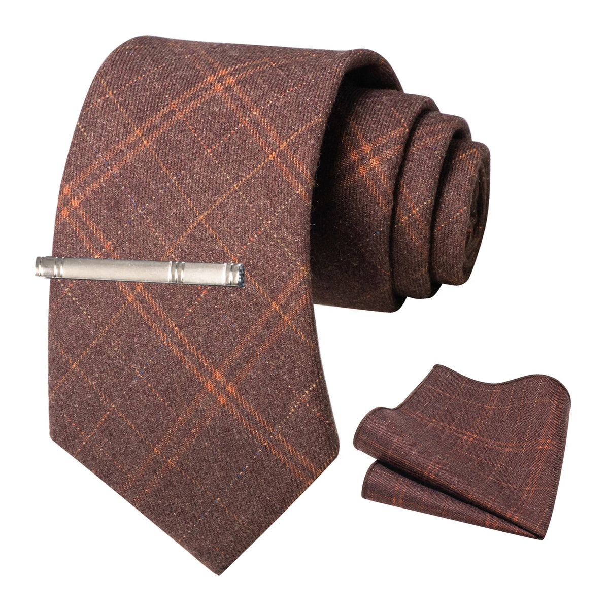 Brown Cashmere Wool 8cm Men Striped Plaid Necktie
