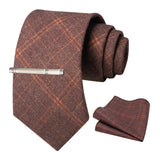 Brown Cashmere Wool 8cm Men Striped Plaid Necktie