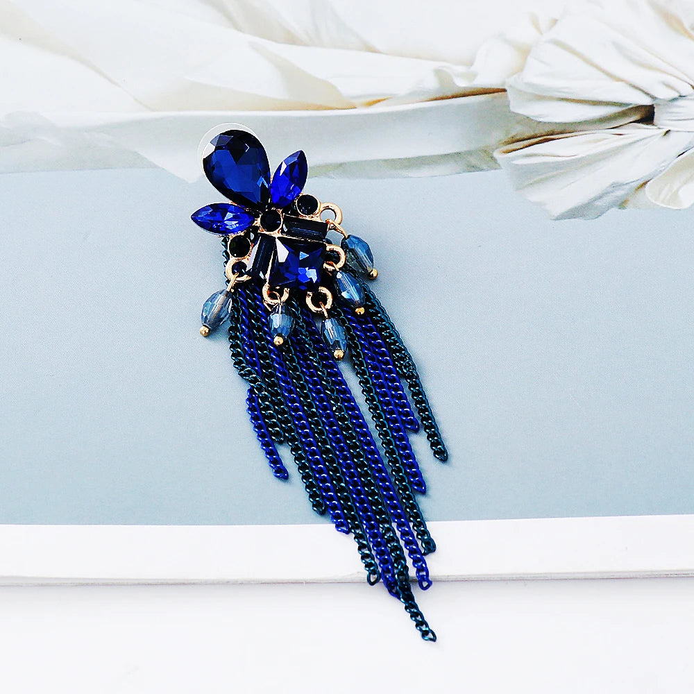 Blue Crystal Long Tassel Earrings