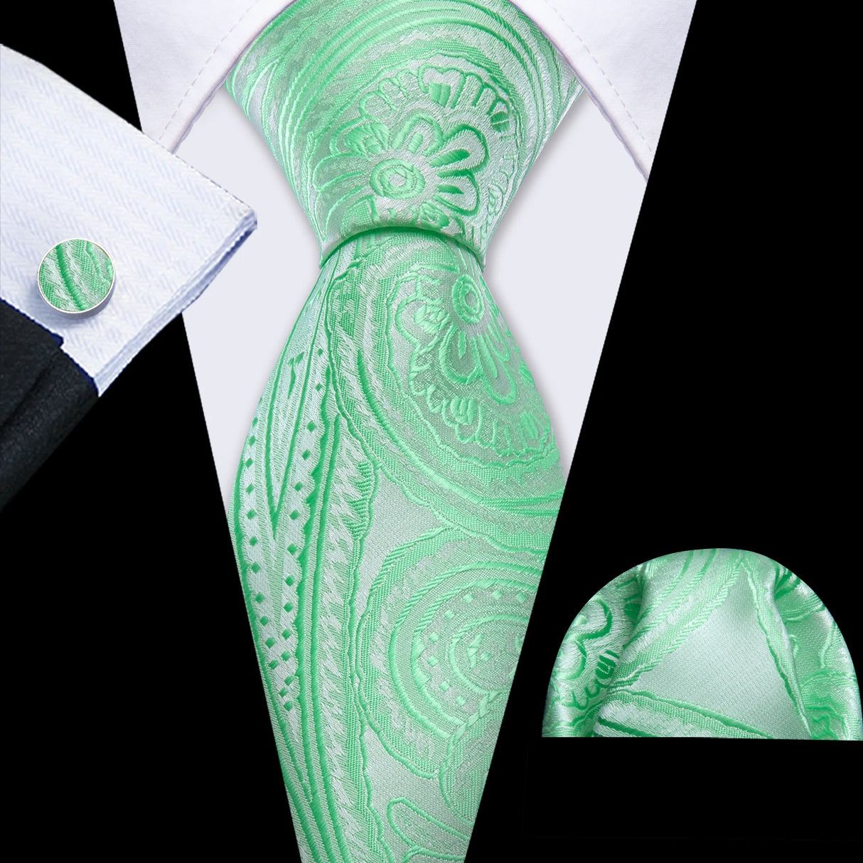 Solid Paisley Green Teal Blue Striped Silk Men Tie