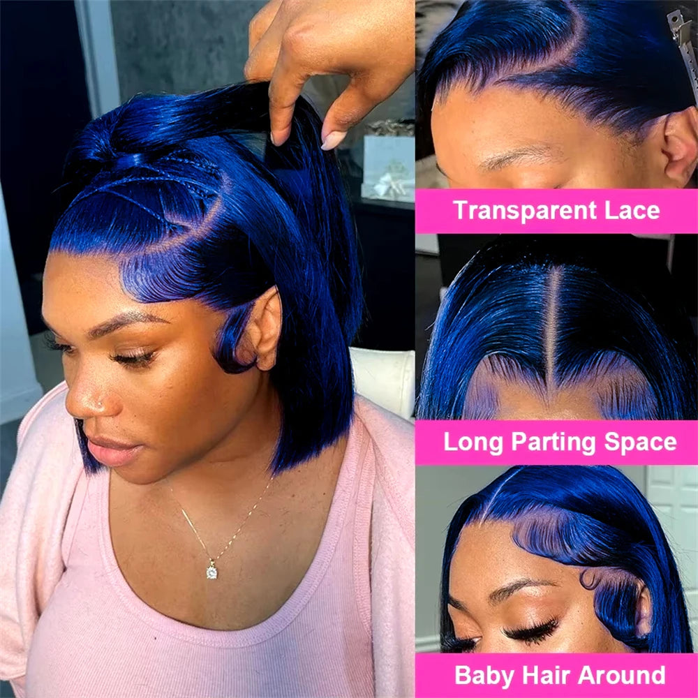 13x4 Brazilian Straight Hair Wig Blue Bob Human Hair