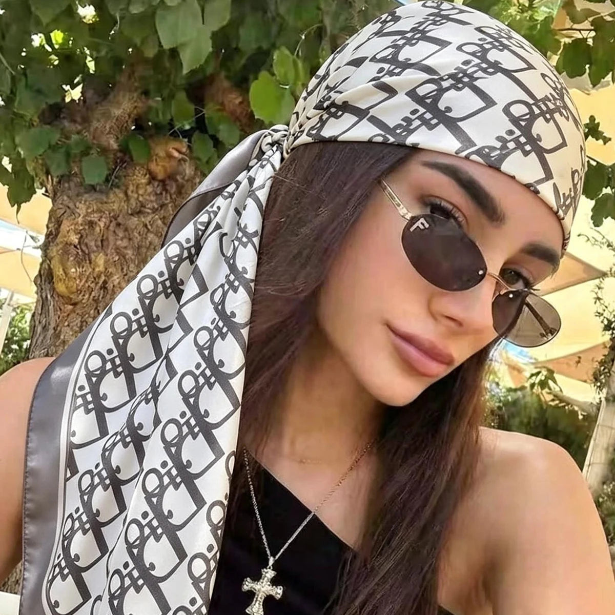 Fashion 90×90CM Geometric Printed Square Silk Scarf Bandana