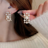 Rhinestone Pearl Rectangular Earrings Necklace Set