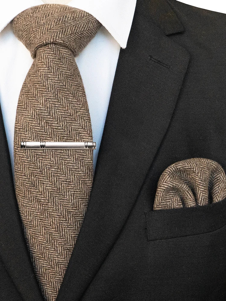 Brown Cashmere Wool 8cm Men Striped Plaid Necktie