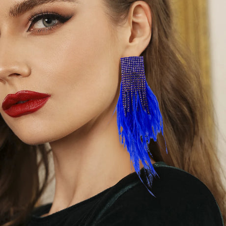 Rhinestone Big Feather Earrings