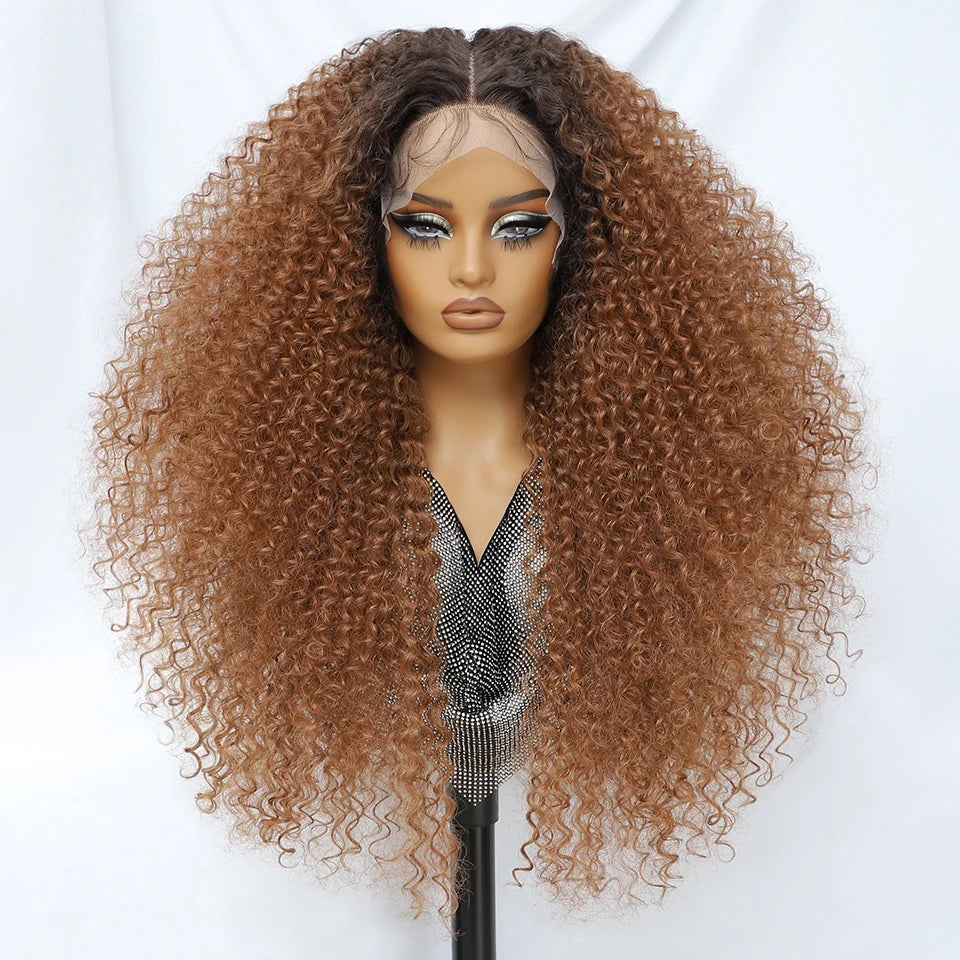 Brown 24 Inch Jerry Curl Synthetic Lace Kinky Curly Wigs