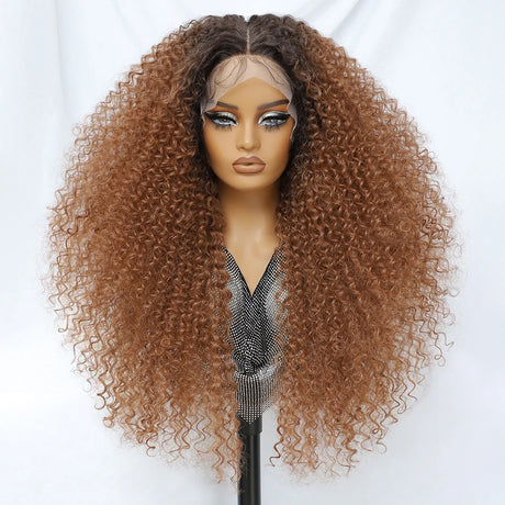 Brown 24 Inch Jerry Curl Synthetic Lace Kinky Curly Wigs