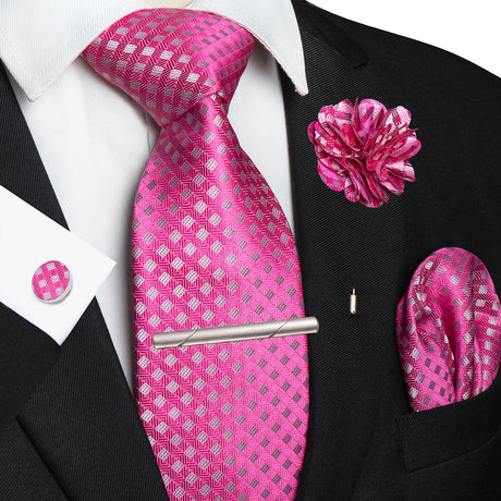 Pink 8cm Silk Tie Pin Pocket Square Cufflinks Tie