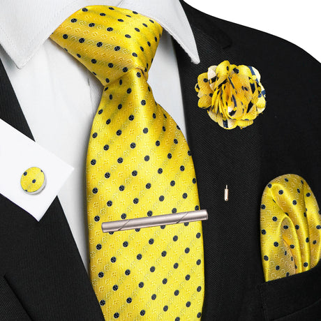 Yellow 8cm Silk Tie Pin Pocket Square Cufflinks Tie