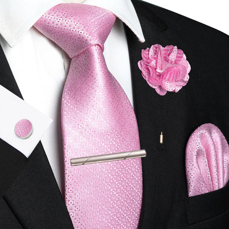 Pink 8cm Silk Tie Pin Pocket Square Cufflinks Tie