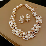 Rhinestone Pearl Rectangular Earrings Necklace Set